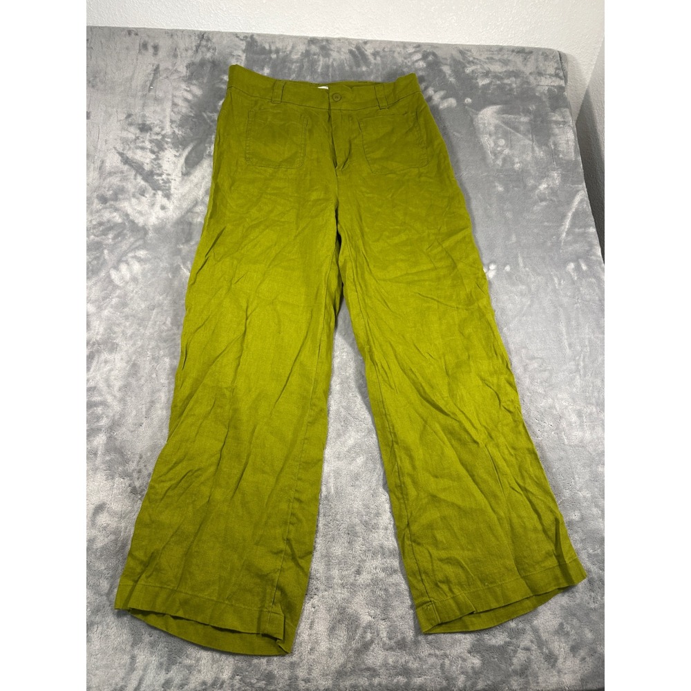 Nicole Miller New York 100% Linen Wide Leg Pants Green High Rise Trousers Sz 10